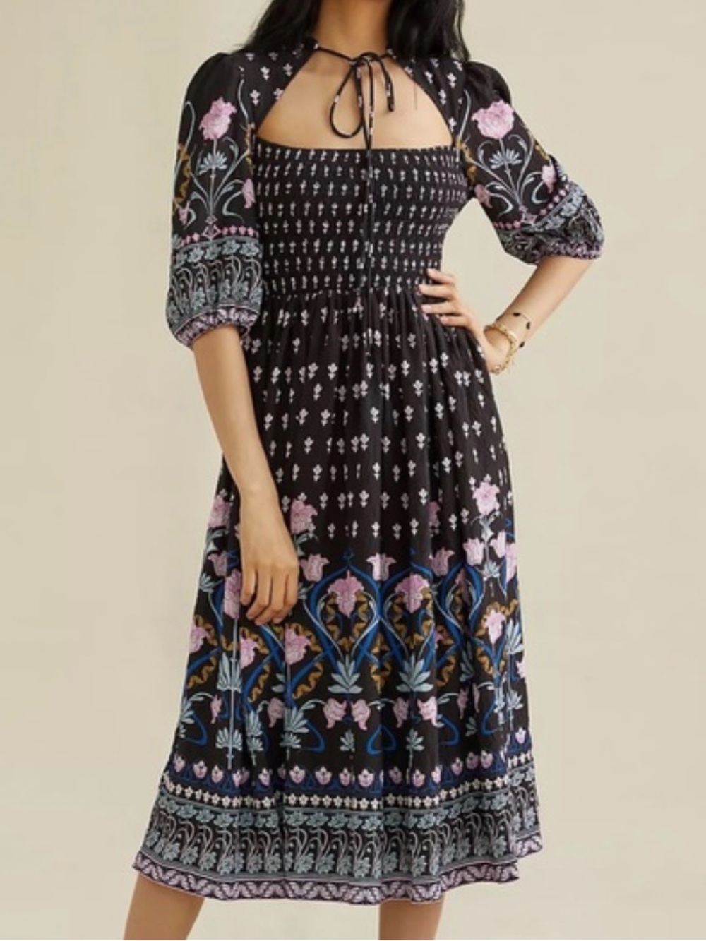 Antropología Square-Neck Midi Dress in Black with Floral Print